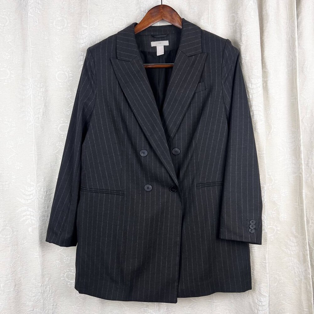 Pinstripe double breasted oversized blazer menswear structured gray jacket H&M L